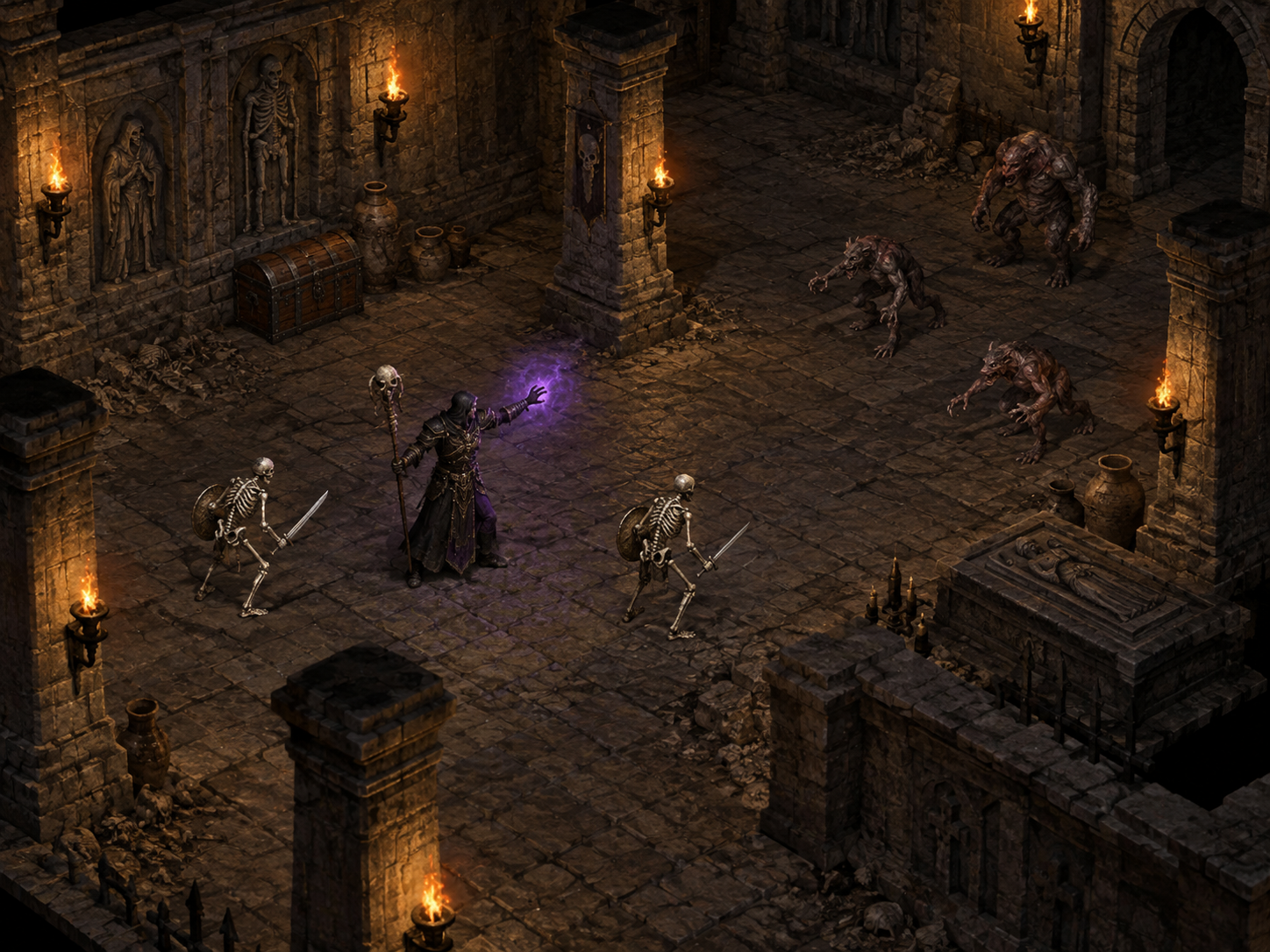 Classic isometric view of a Necromancer commanding skeletal guardians in a crypt