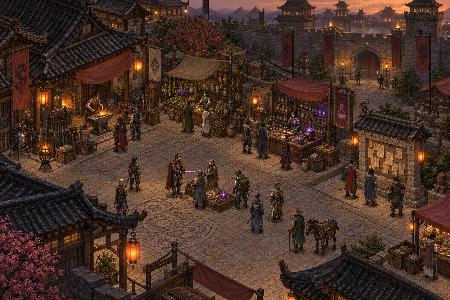 Classic isometric town market with blacksmithing, alchemy and player trading