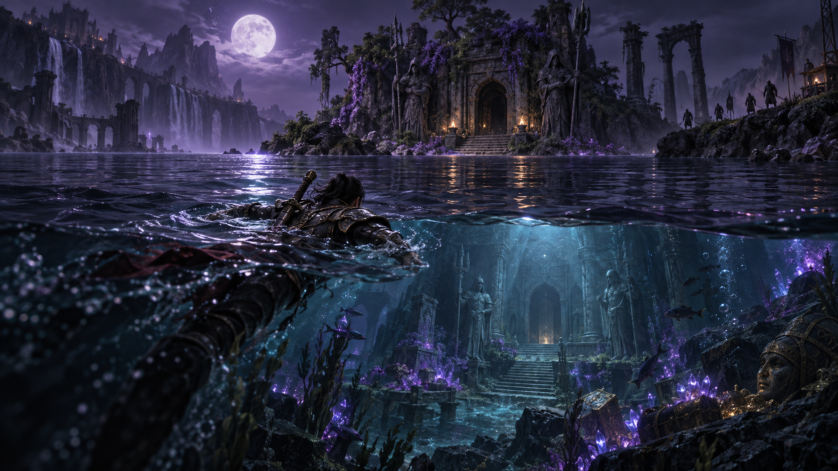 An adventurer swimming toward a secret island and underwater temple